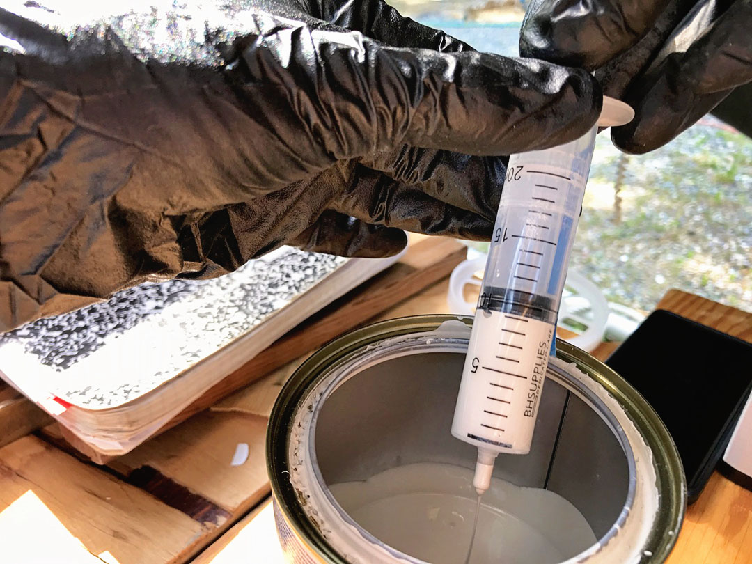 Using a syringe to mix small batches of two part epoxy