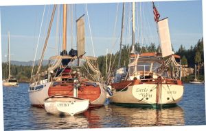 The Pardeys’ Taleisin and Cheeky, rafted alongside a fellow Bristol Channel Cutter.