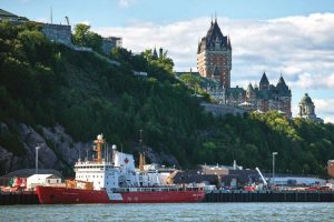 Quebec City harbor, with the historicChâteau Frontenac hotel in the
background.