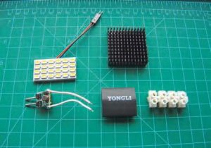 Components for the project included LED arrays, LED drivers, heat sinks, heat-shrink tubing, and screw-type connectors.