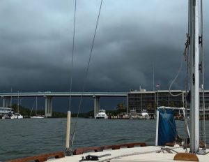 Hurrying to avoid the dark clouds just beyond Jewfish Creek Bridge.